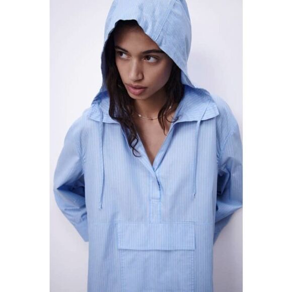 ZARA Oversized Hooded Striped Dress Pocket Cotton - Picture 9 of 12